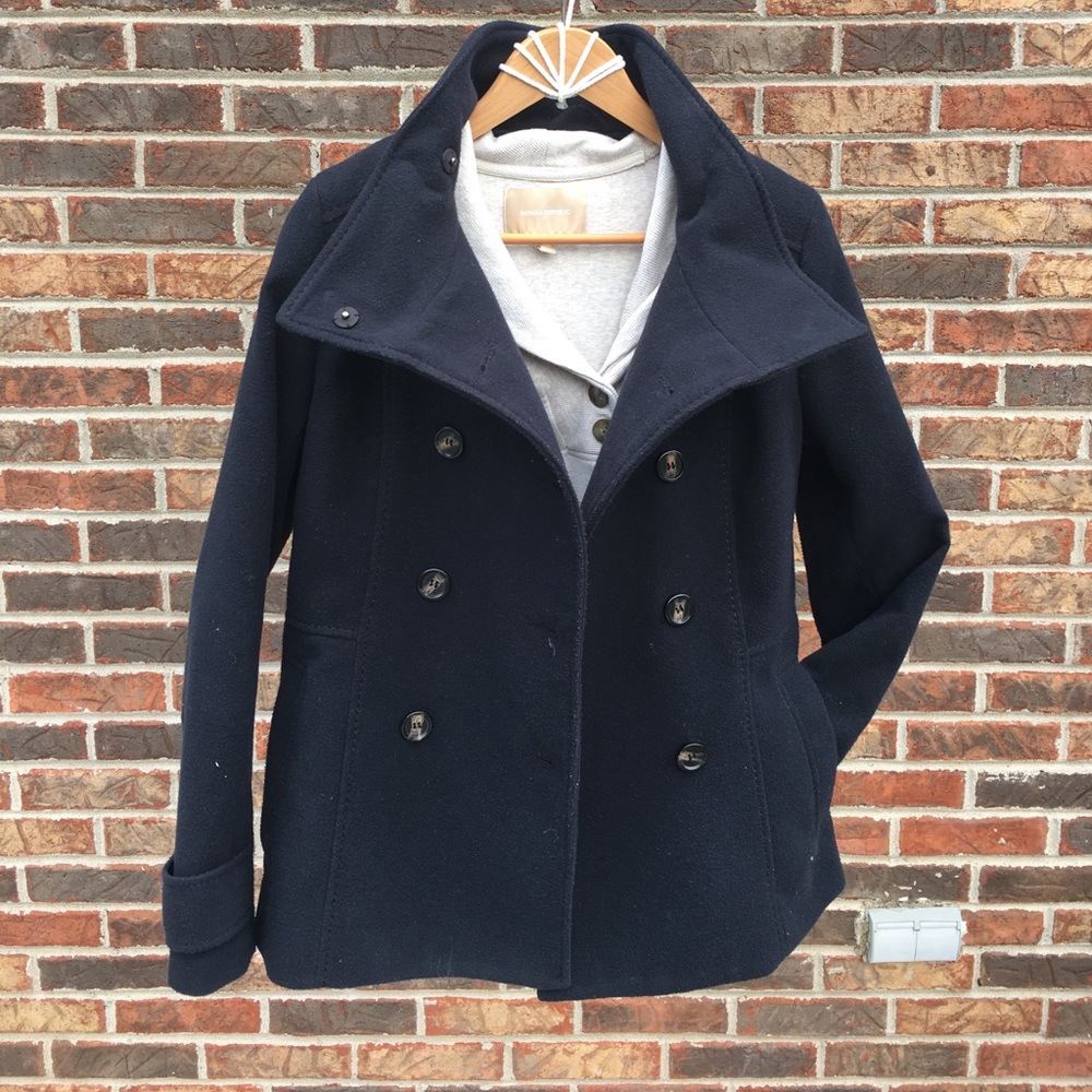 Navy Blue Funnel Neck Pea Coat