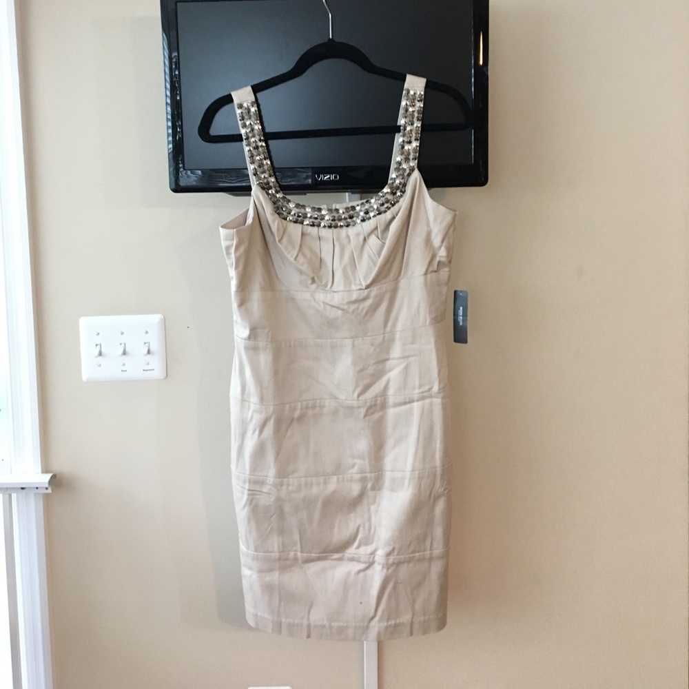 beige party dress with Studded neckline