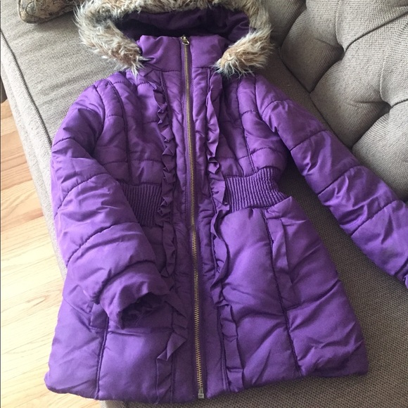 purple parka fur hood