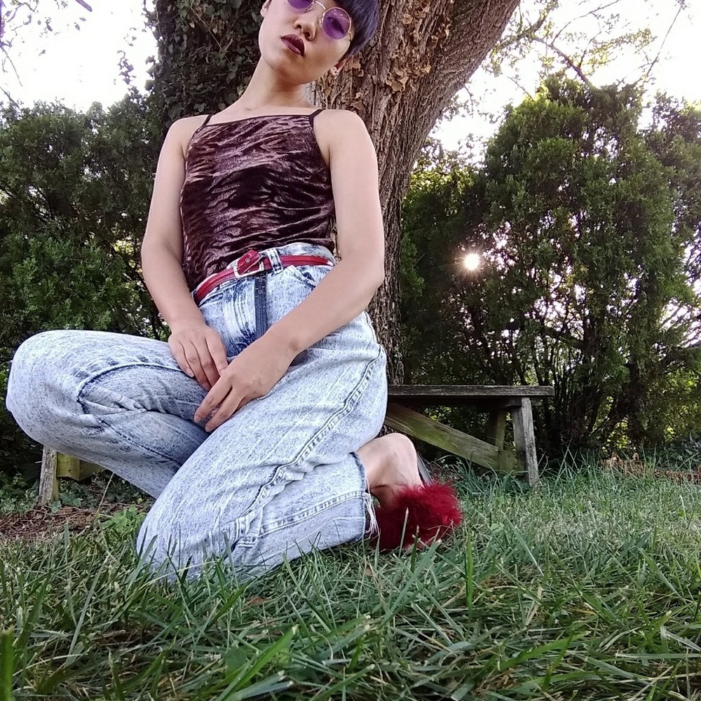 90s square neck velor pattern top