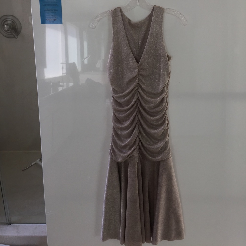 fit and flare shirred dress soft metallic stretch