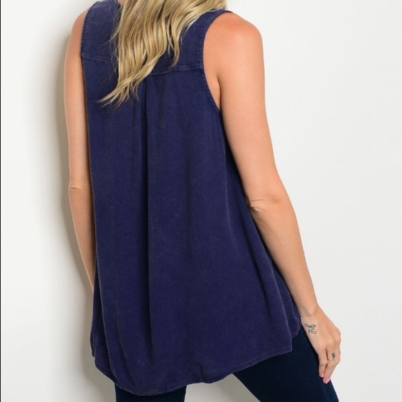 Navy Vintage Washed Lace Up Top - Picture 2 of 2