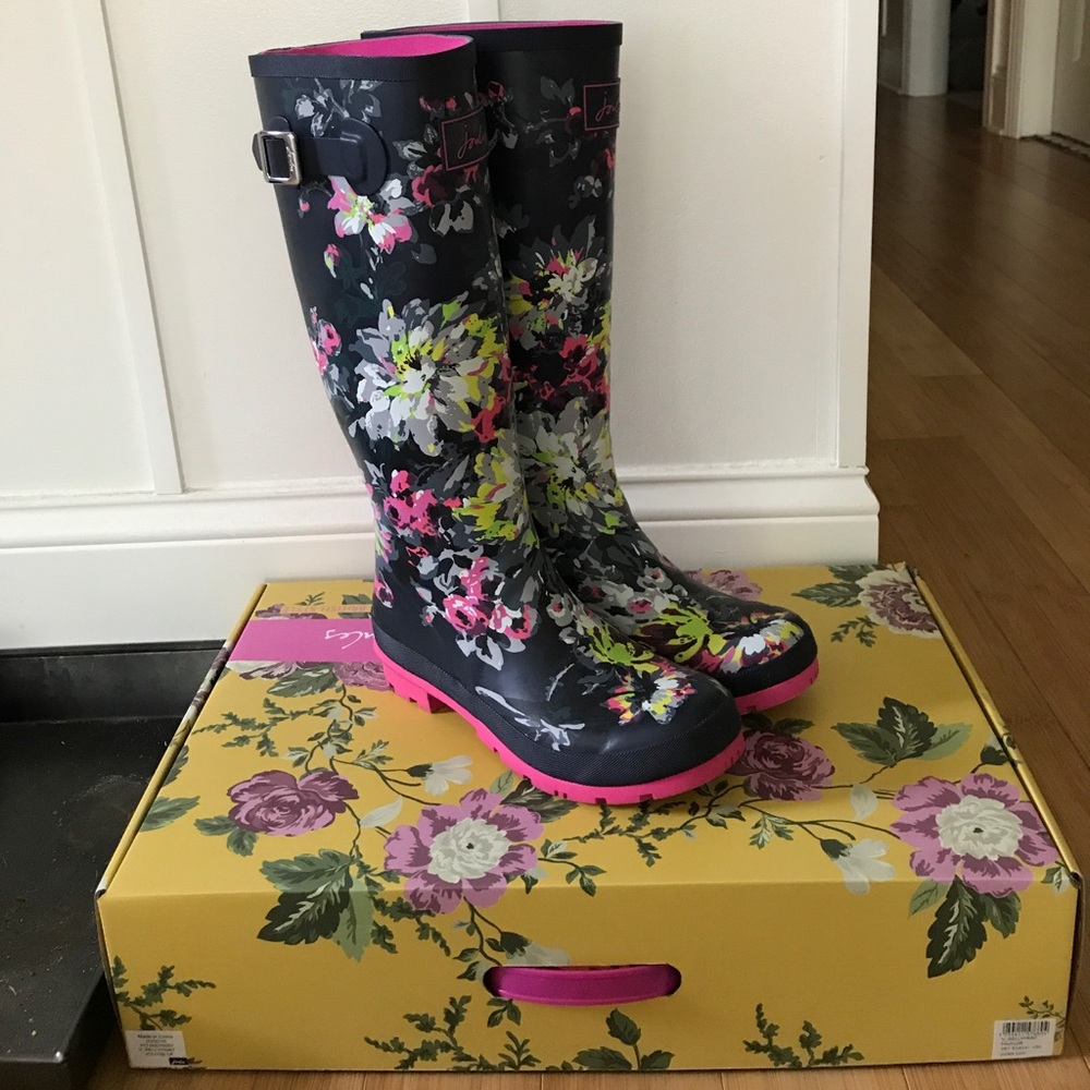 Joules navy and pink floral rain boot