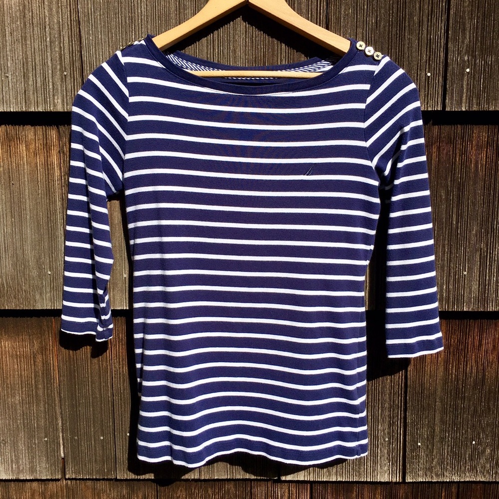 Nautica Boatneck Navy Blue Stripe 3/4 Sleeve Top