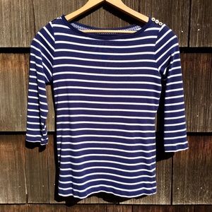 Nautica Boatneck Navy Blue Stripe 3/4 Sleeve Top