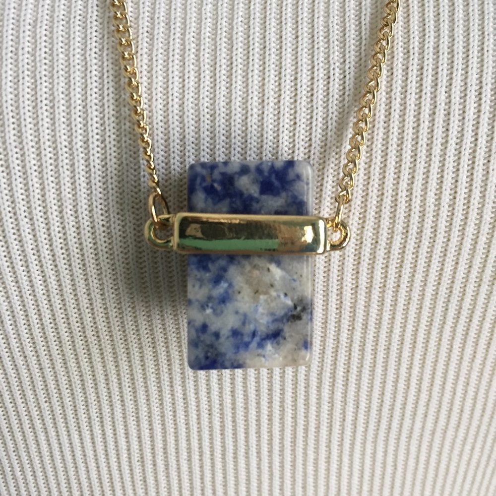 Blue Rectangle Stone Gold Necklace - Picture 2 of 4