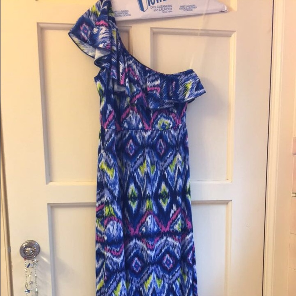 Ultra Flirt Blue Aztec Pattern Off-Shoulder Dress