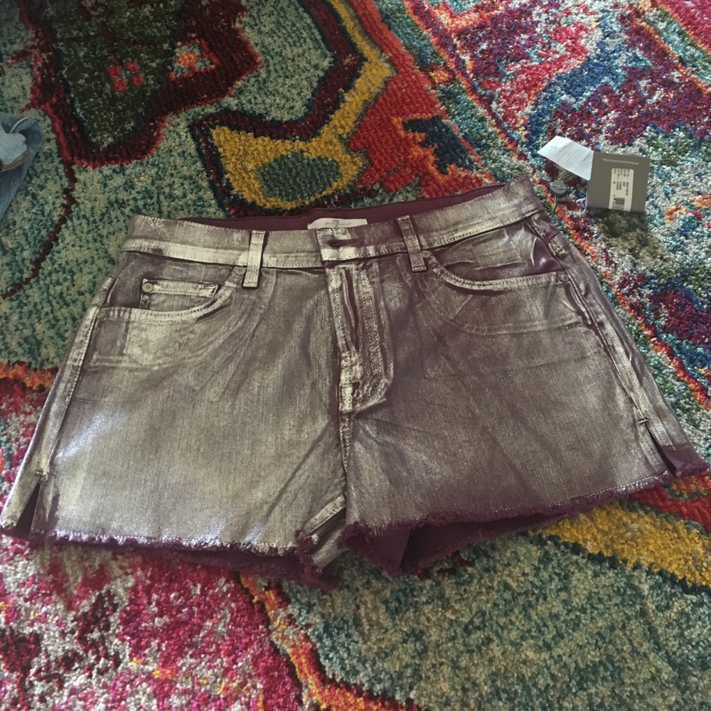 silver/purple denim shorts