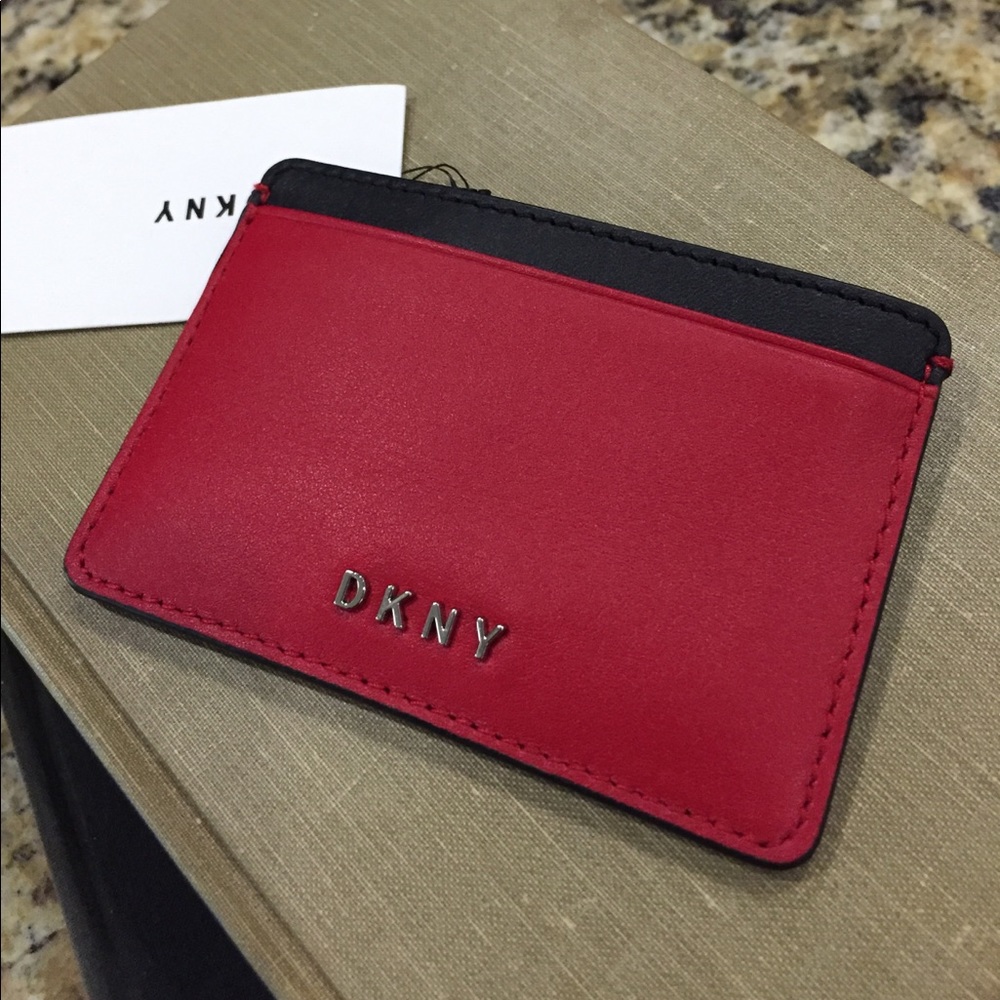 DKNY Cherry-Black Leather Credit Card Case/New