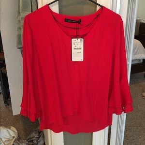 Red Zara flare sleeve blouse