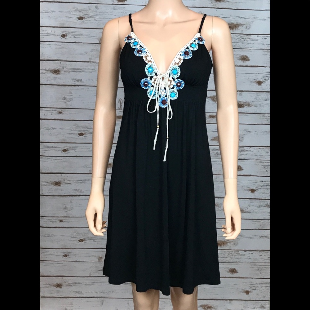 Black Summer Dress w/ Blue and Brown Detailing