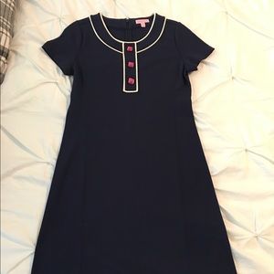 Lilly Pulitzer navy dress with hot pink buttons