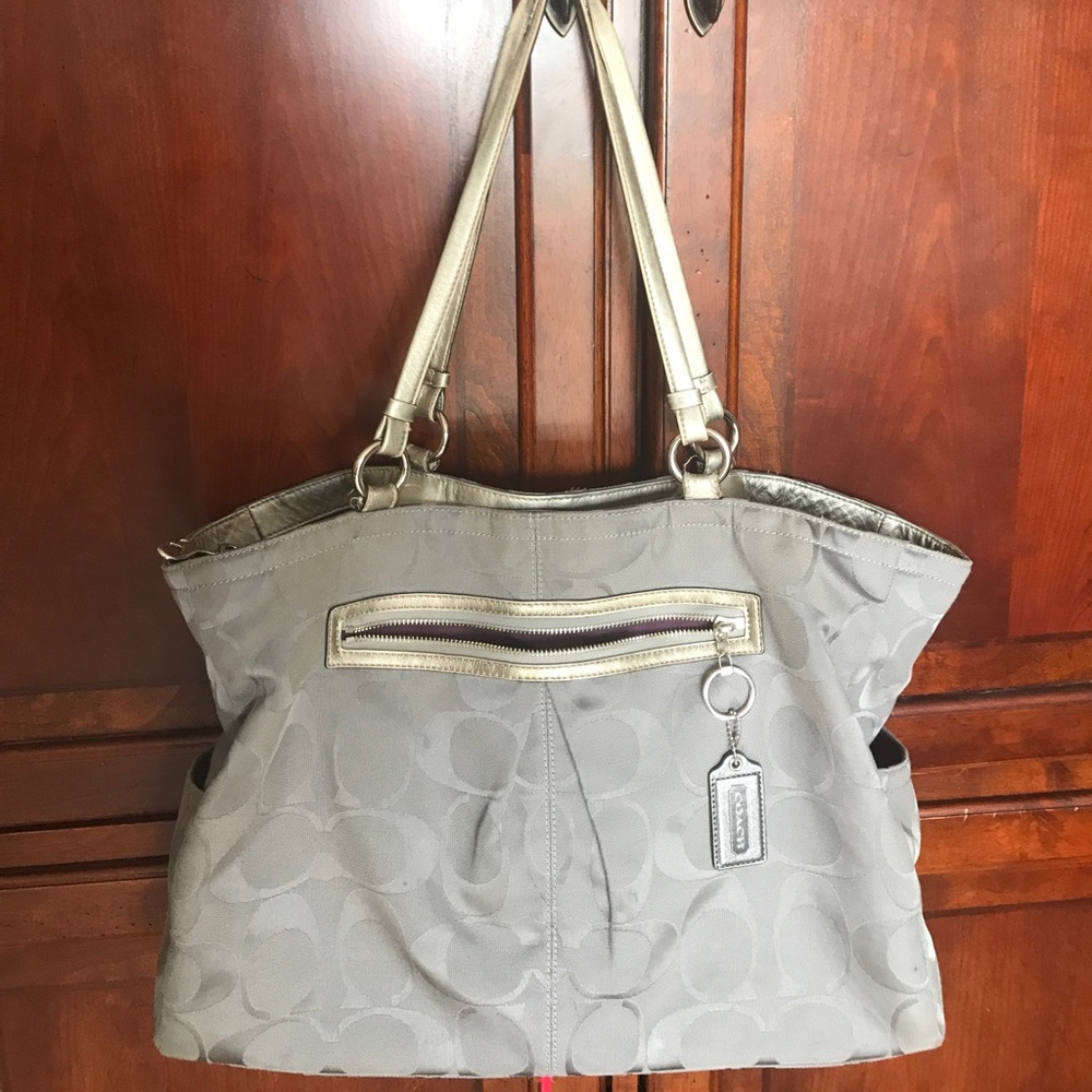Silver and purple XL Coach purse