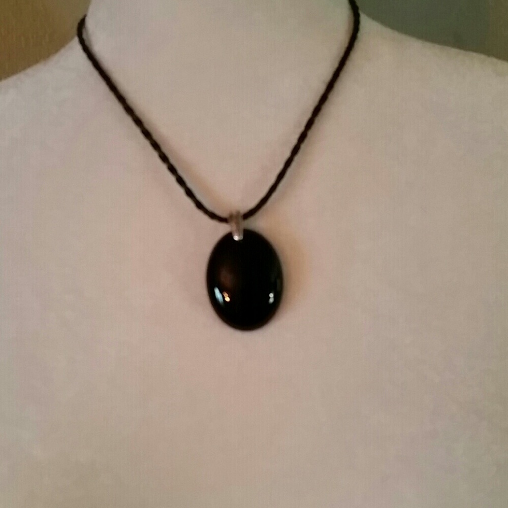 Black onyx pendant on black 18" braided cord