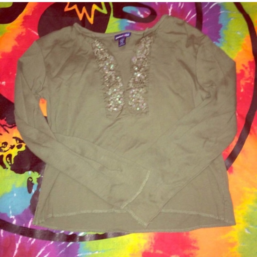 y2k 90s vintage Olive green beaded long sleeve top