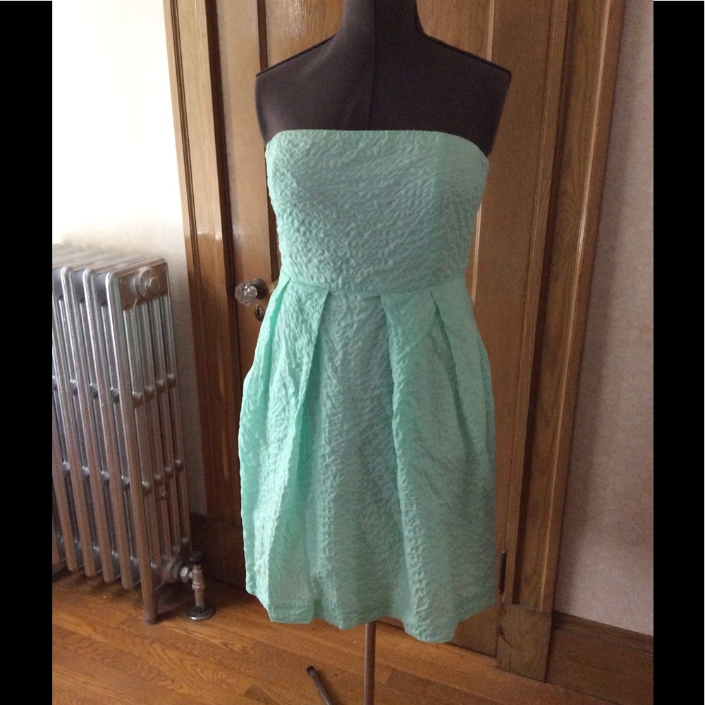 J Crew Seafoam Green Seersucker Strapless Dress