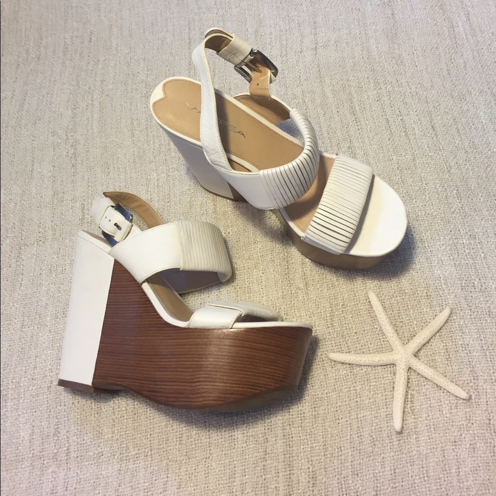 Via Spiga Eve Platform White Leather & Wood Wedge
