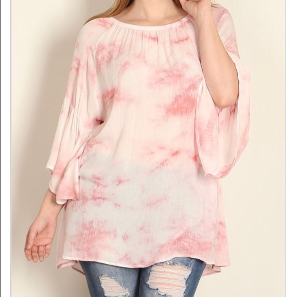 Plus Size Coral Tie Dye Tunic/Bell Sleeves