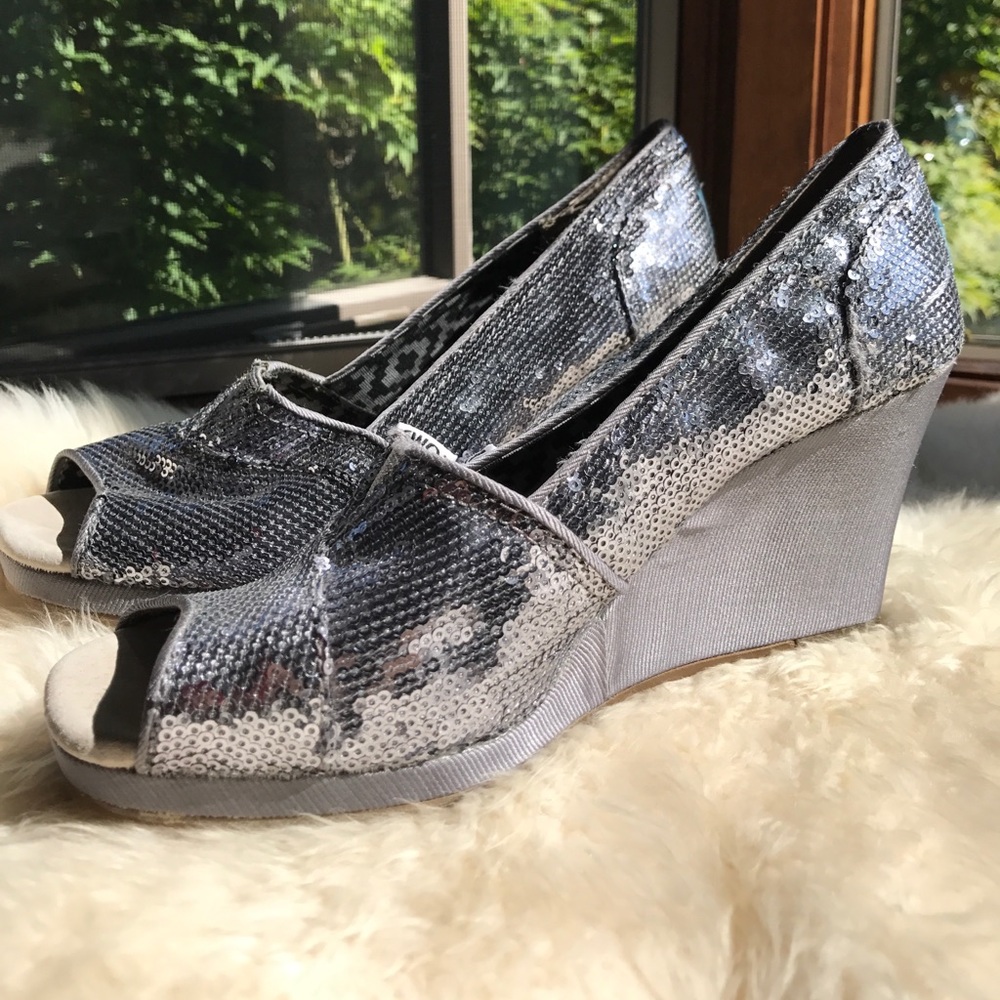 Silver sequin Toms wedge open toe sandals