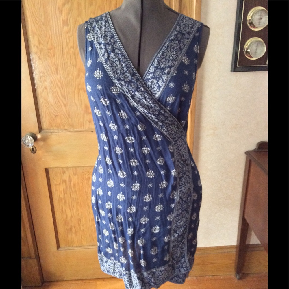 Blue and White Patterned Wrap Dress