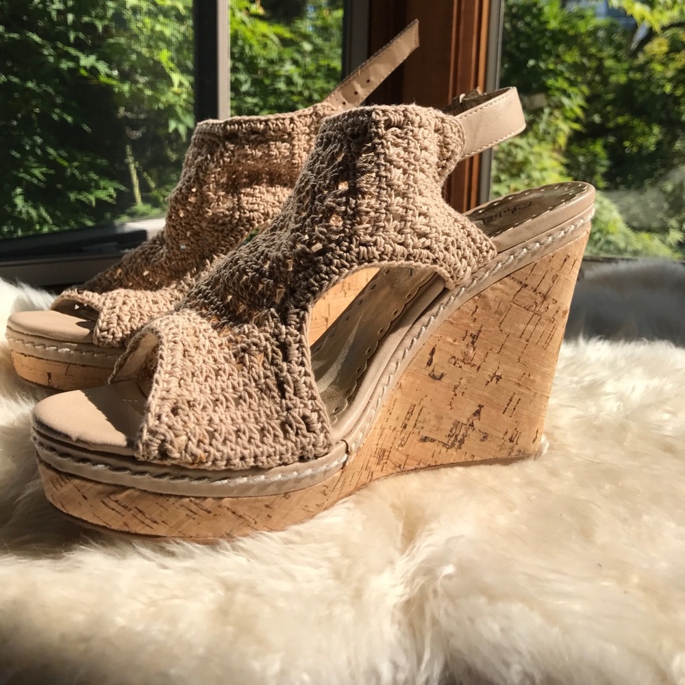 Crochet Nude Sandals w/ Cork Platform Wedge Heel
