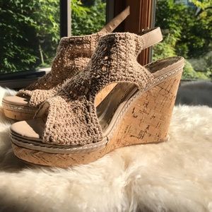 Crochet Nude Sandals w/ Cork Platform Wedge Heel