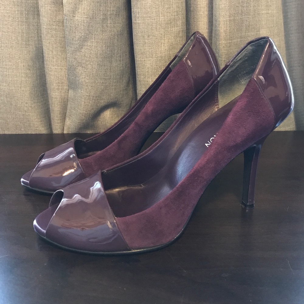 Purple leather and suede peep toe pumps
