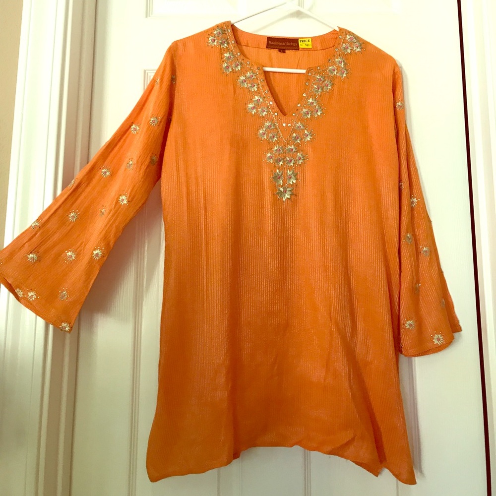 NEW Orange Silk Kurti with Gold Embroidery (K1)