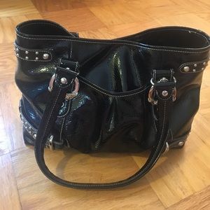 black patent purse with silver hardware