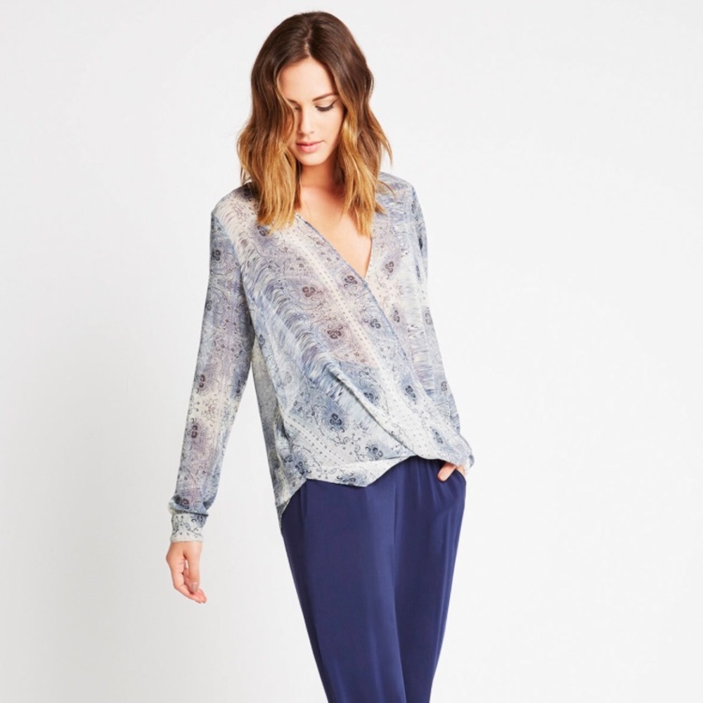 BCBGENERATION BLUE SHEER FAUX WRAP TOP