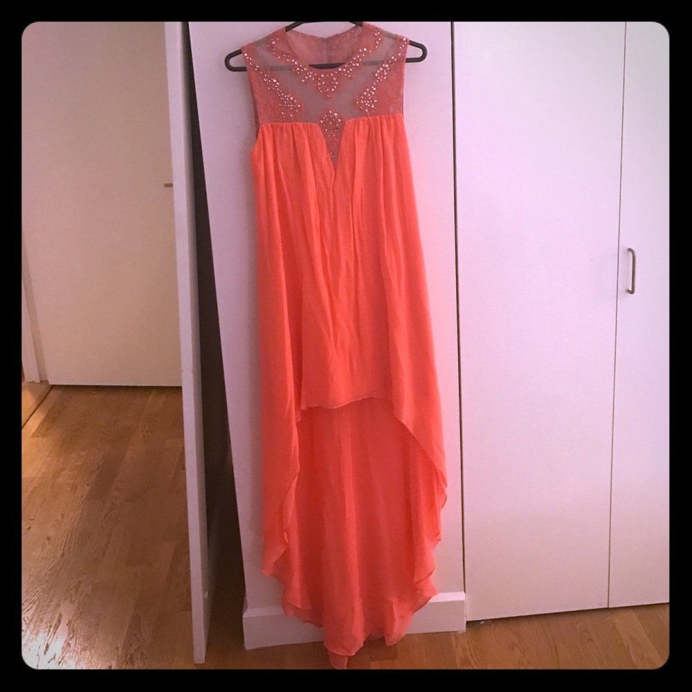 BCBG XS high low coral dress with embellished neck