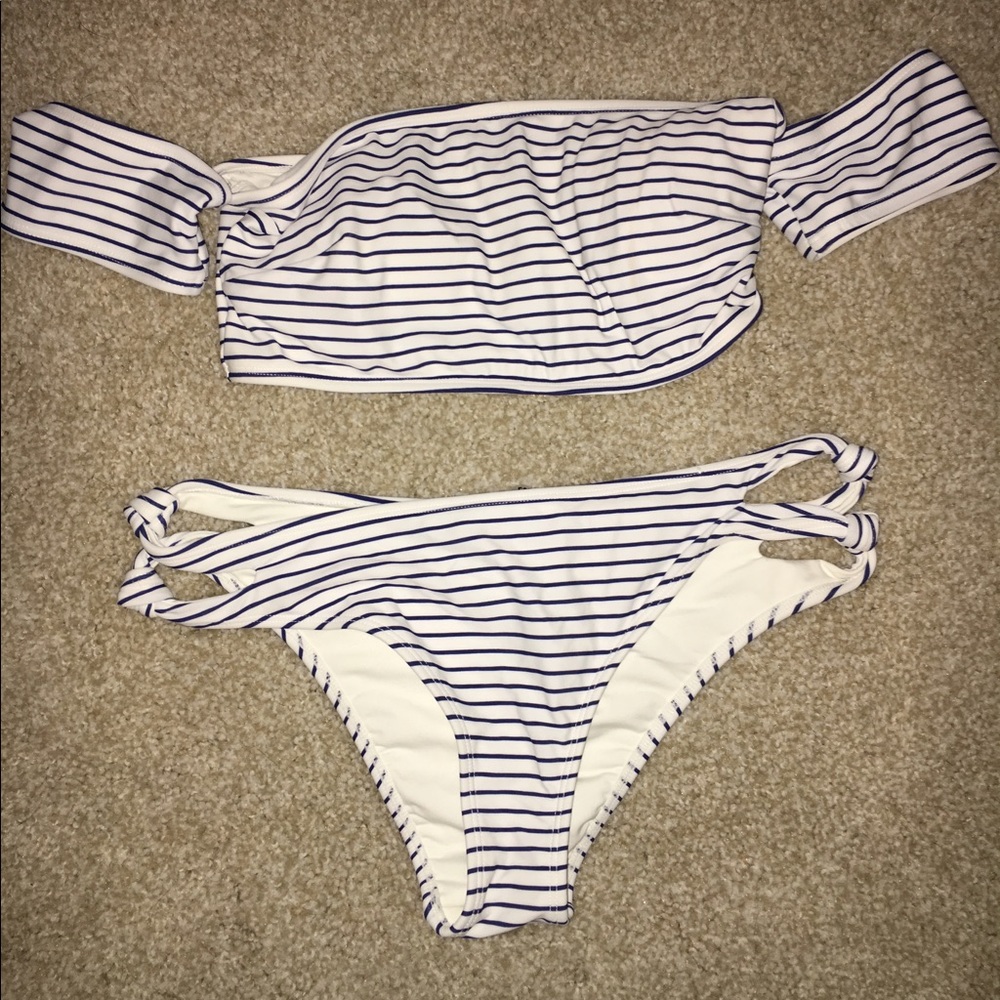 striped off the shoulder swimsuit