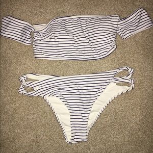 striped off the shoulder swimsuit