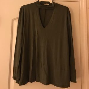 Green v turtle neck blouse