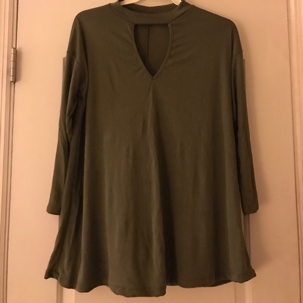 Green v turtle neck blouse
