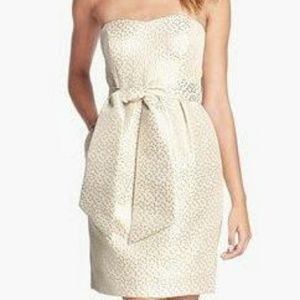 Jenny Yoo Jacquard Metallic Strapless Sheath Dress