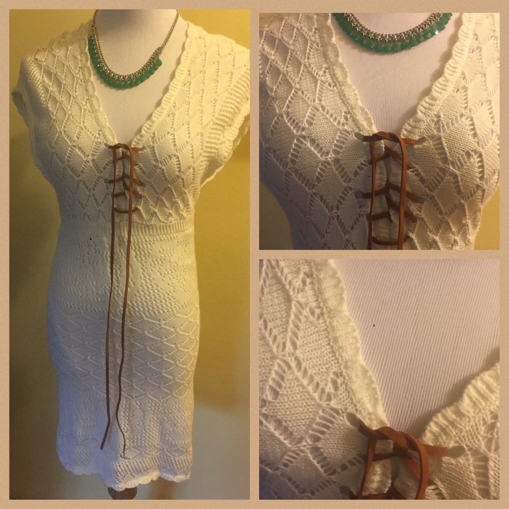Guess crochet dress NWT off white brown suede tie