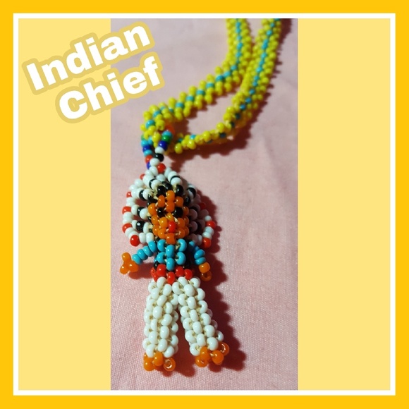 Pending..VTG SEED BEAD INDIAN CHIEF PENDANT/NECKLACE - Picture 2 of 4