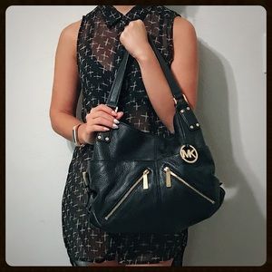 Michael Kors black leather tote handbag