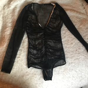 BEBE gathered mesh long sleeve bodysuit