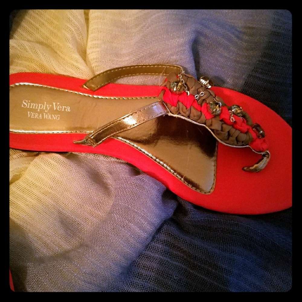 Simply Vera Wang red and pewter jeweled flipflops