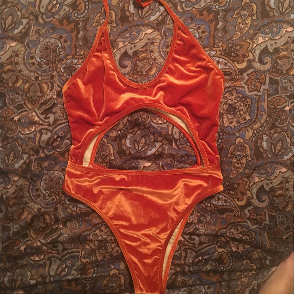 Soft velvet one piece cut out orange swimsuit