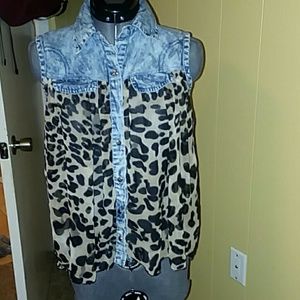 Fashion Web Denim/leopard sleeveless shirt