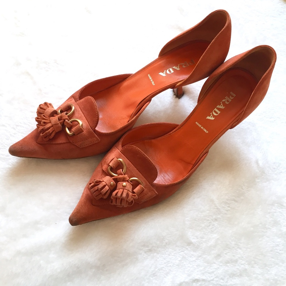 PRADA Suede Burnt Orange Tassel Kitten Heels