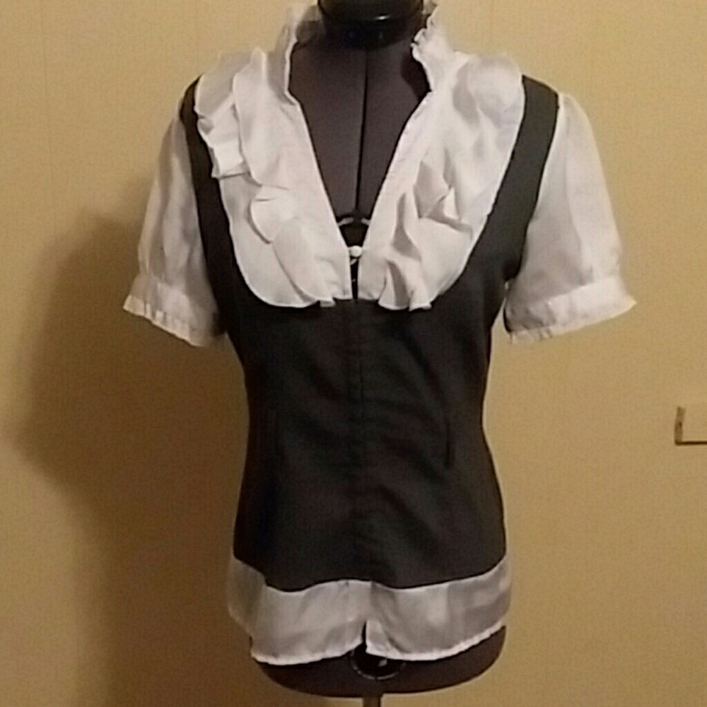 Grey and white ruffle blouse