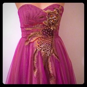 Embroidered Strapless Midi Prom Dress, Magenta