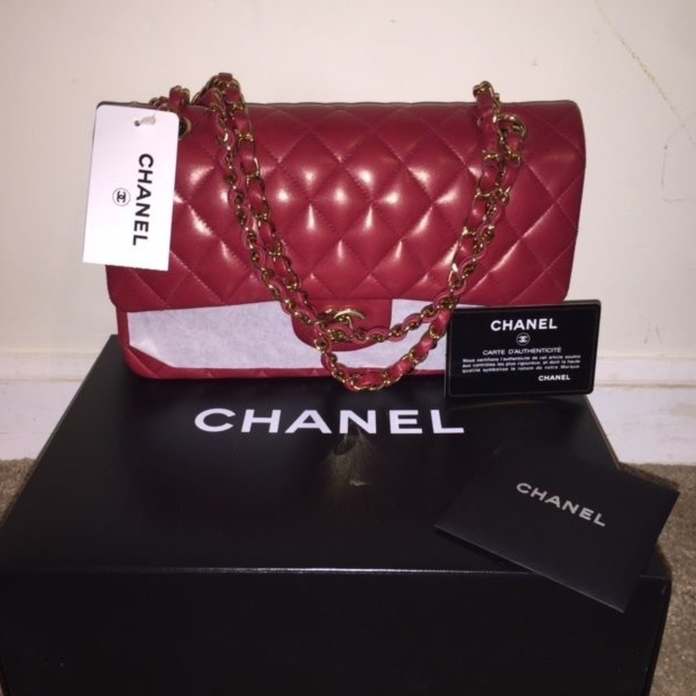 Chanel red lamb skin flap bag