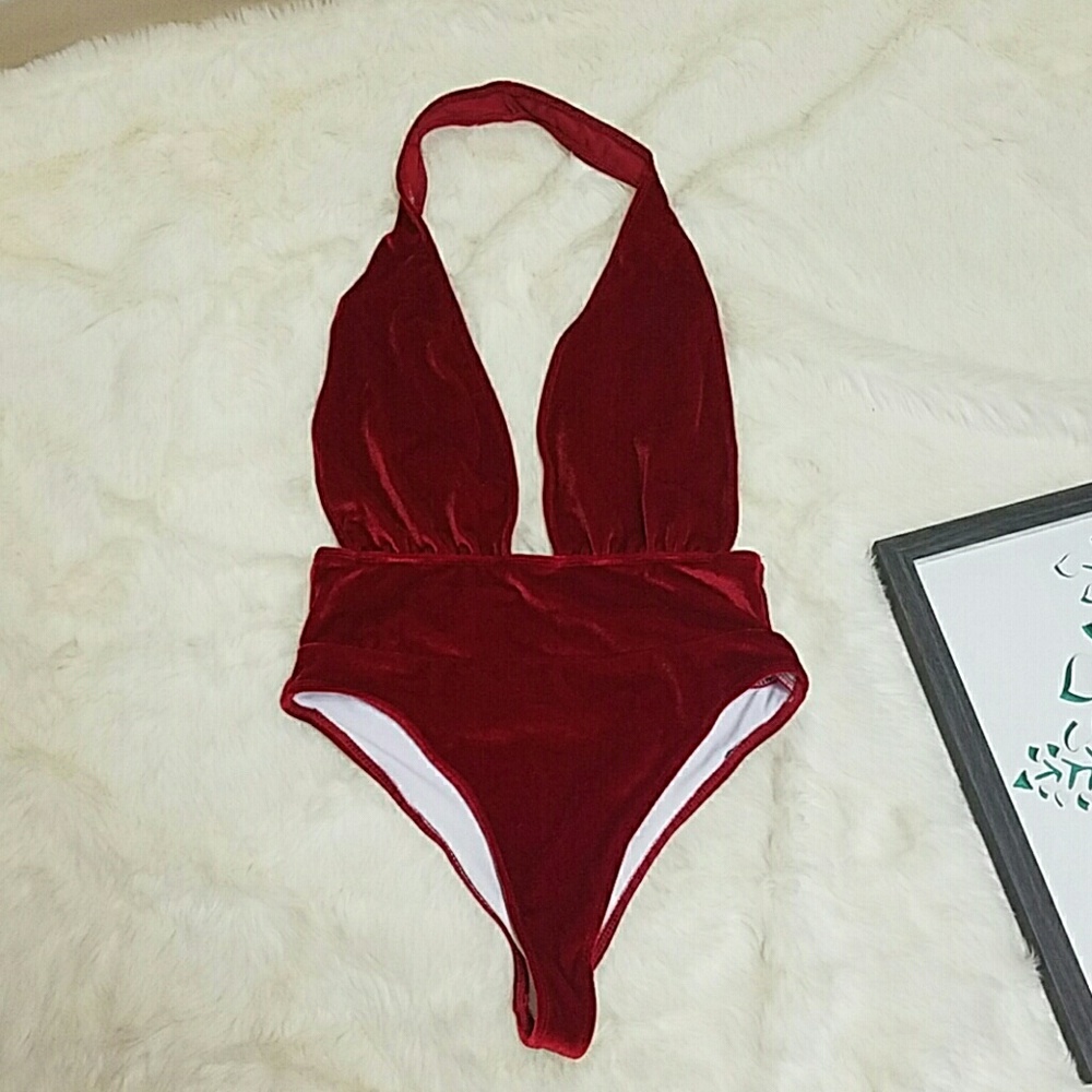 Boutique low cut velvet swimsuit backless sz S