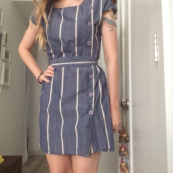 blue and white vertical striped dress