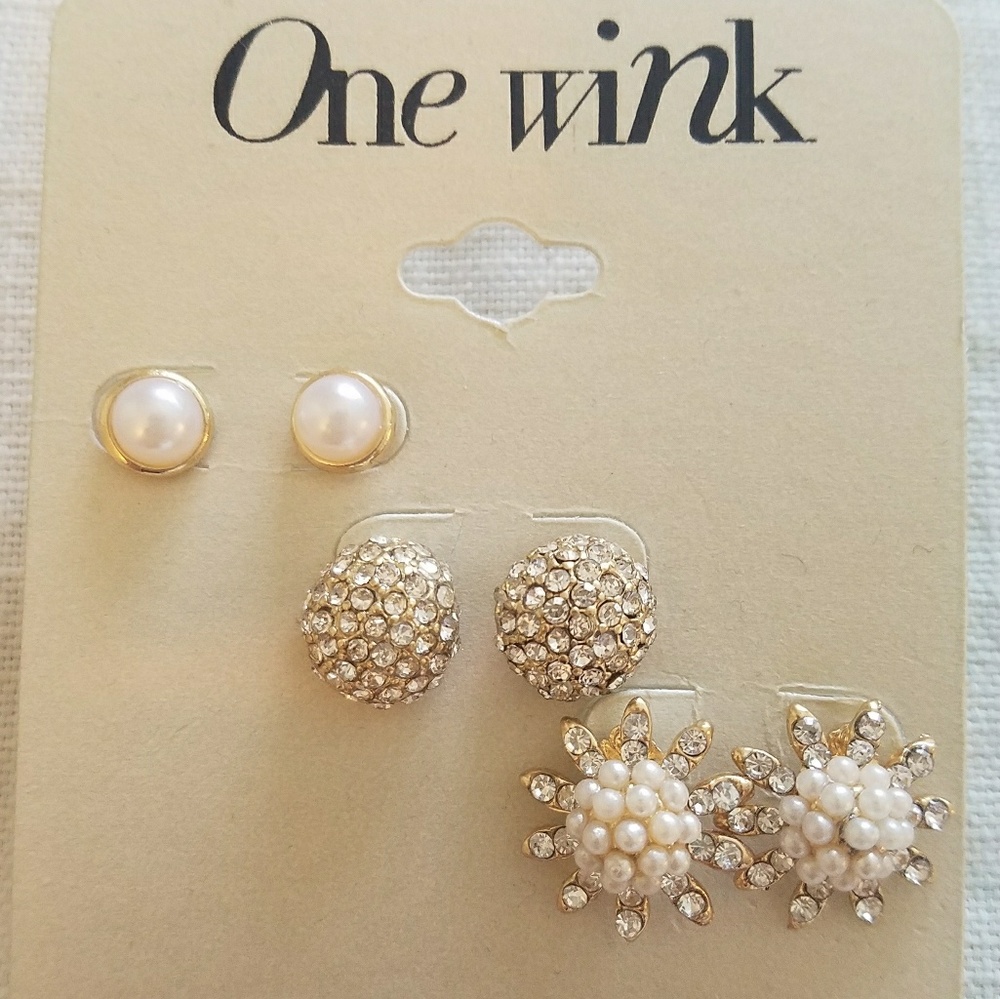 Set of 3 new post earrings cz and pearl